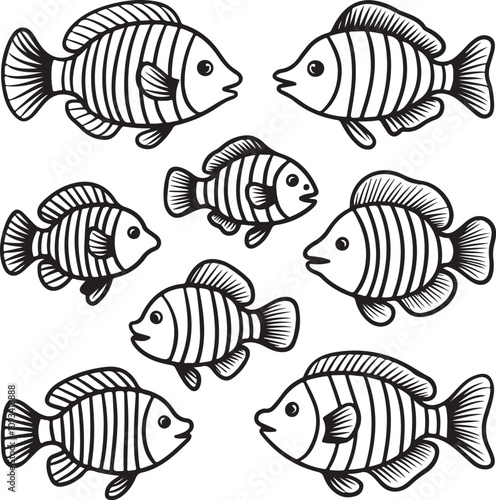 A set of fish silhouette vector illustration, Fish single line art, kids coloring book