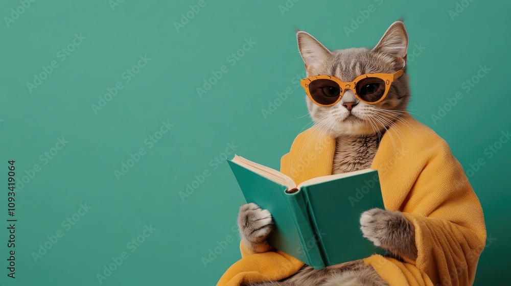 Stylish Cat Reading a Book in Bright Sunglasses and Cozy Yellow Blanket on a Vibrant Green Background Stylish Cat Reading a Book in Bright Sunglasses and Cozy Yellow Blanket on a Vibrant Green Background