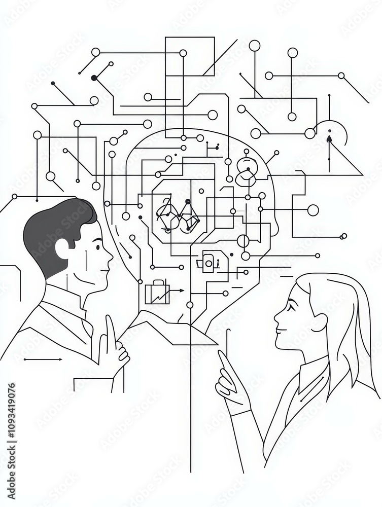 Collaboration and Artificial Intelligence: Shaping the Future - Two business people collaborate, ideas flow, symbolizing innovation, technology, partnership, progress, and AI integration. Collaboration and Artificial Intelligence: Shaping the Future - Two business people collaborate, ideas flow, symbolizing innovation, technology, partnership, progress, and AI integration.