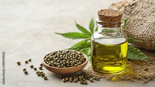 Hemp oil in a glass jar with a cork lid next to a wooden bowl of hemp seeds and fresh hemp leaves on a textured surface, ideal for overlaying text.