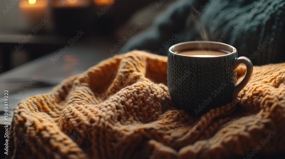 Cozy Autumn Scene Featuring a Cup of Coffee Nestled in a Soft Knitted Blanket with Warm Tones and Atmospheric Candlelight in the Background