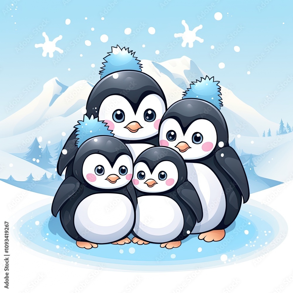 Fototapeta premium Cute Cartoon Penguins Standing Together in a Winter Wonderland with Snowy Landscape and Mountains in the Background, Perfect for Children's Illustrations or Winter Themes