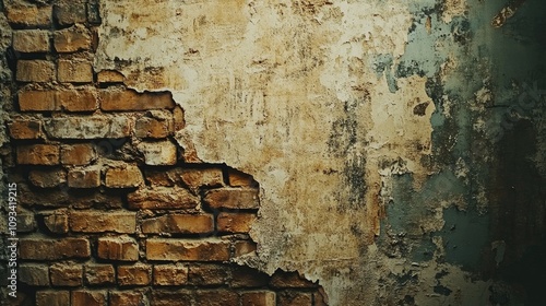 Weathered brick wall texture featuring chipped paint and exposed bricks, showcasing a rustic and aged appearance for design inspiration.