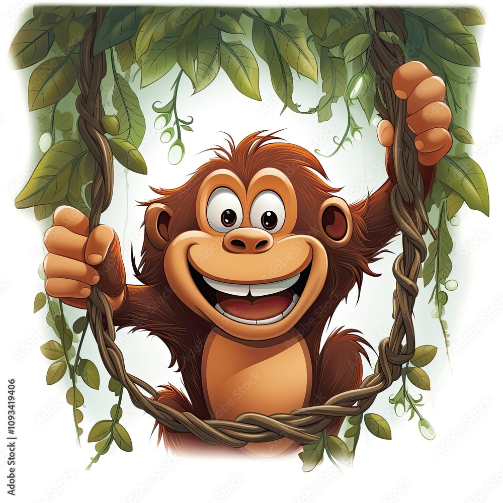 Cheerful Cartoon Monkey Hanging from Vines in a Lush Jungle, Expressing Joy and Playfulness with Bright Colors and Whimsical Charm Cheerful Cartoon Monkey Hanging from Vines in a Lush Jungle, Expressing Joy and Playfulness with Bright Colors and Whimsical Charm