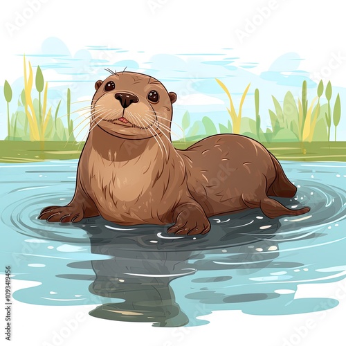 Playful Otter Swimming in a Sunny Pond Surrounded by Lush Greenery and Reflections of Nature Captured in a Vibrant and Cheerful Illustration