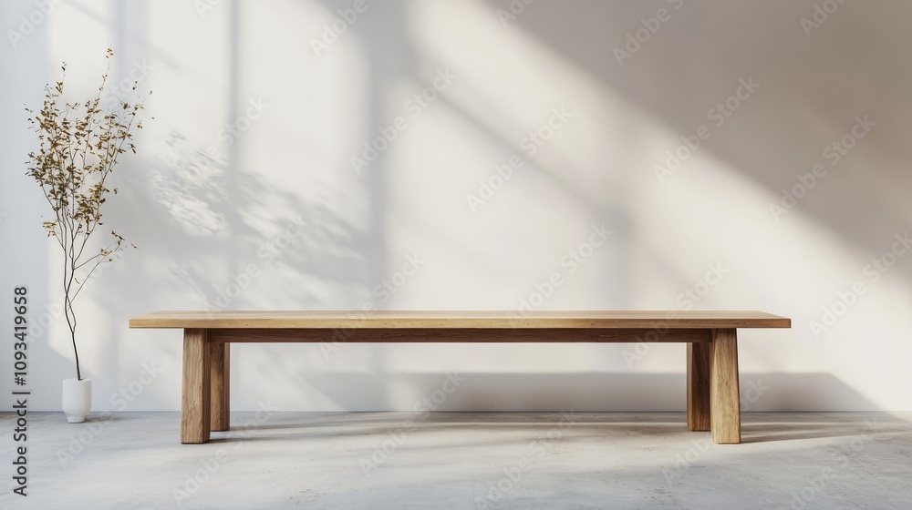Minimalist wooden table positioned against a bright white wall, with soft shadows and a decorative vase, perfect for product displays or presentations. Minimalist wooden table positioned against a bright white wall, with soft shadows and a decorative vase, perfect for product displays or presentations.