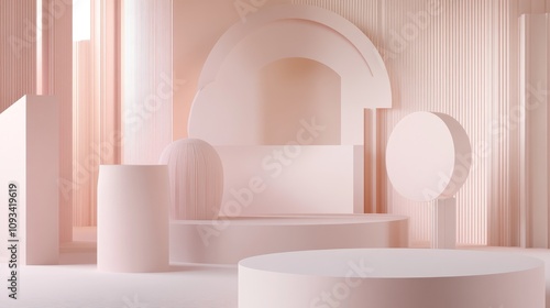 Soft pastel pink 3D abstract background with geometric shapes and digital minimalism design featuring curved and cylindrical forms.