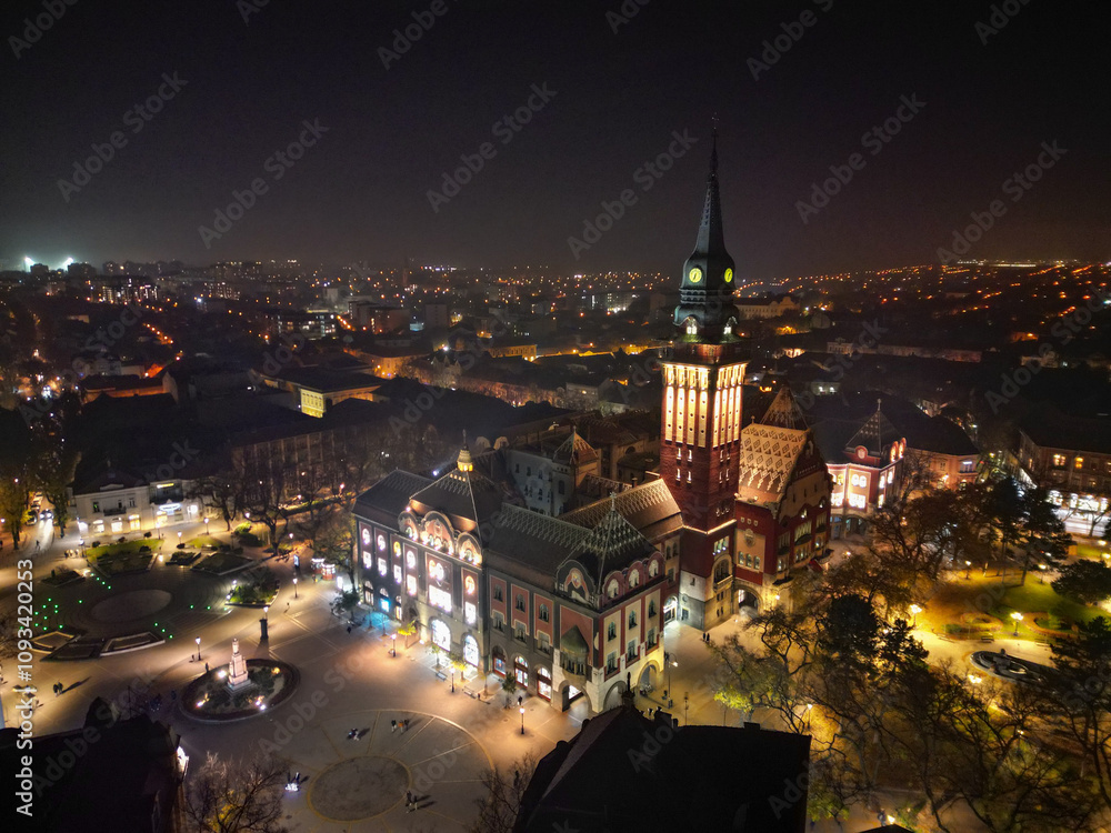 Naklejka premium Subotica Clock Tower Serbia - Aerial Drone View
