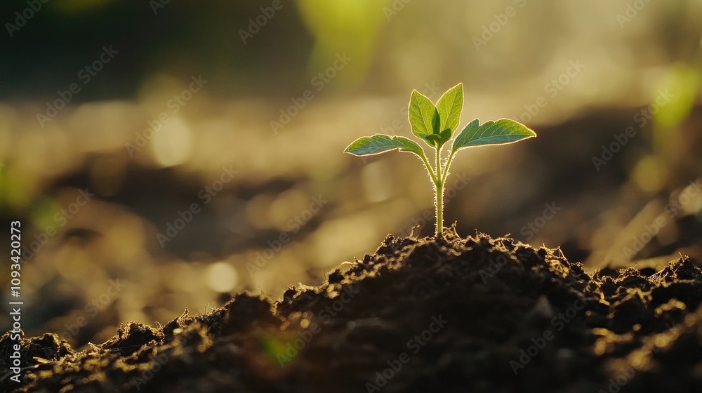 Fresh green plant sprouting from dark soil illuminated by sunlight, representing nature's growth and renewal in a serene outdoor setting.