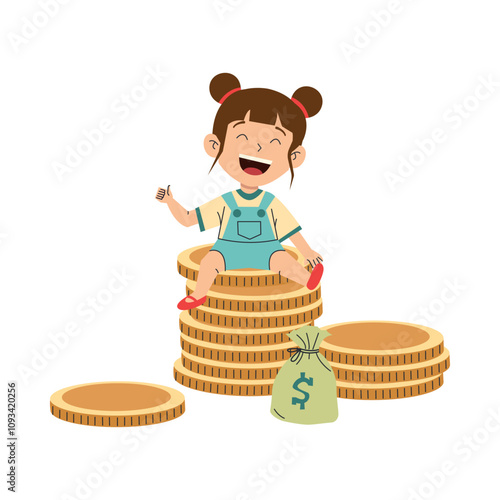 Cute little girl smiling and sitting surrounded by stacks of gold coins, kids savings and finance, richness of childhood. Financial literacy and decision making. Needs and desires. Prosperous life