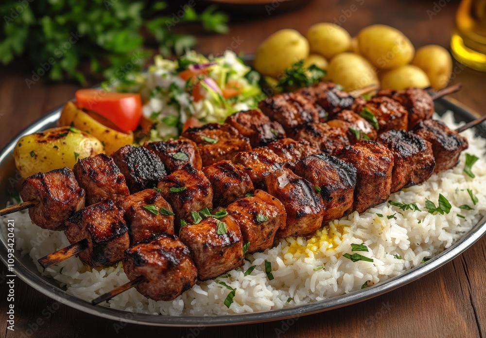 Grilled Meat Skewers with Rice and Fresh Salad on a Rustic Wooden Table, Perfect for Food Lovers and Culinary Enthusiasts, Showcasing Delicious Flavors and Textures Grilled Meat Skewers with Rice and Fresh Salad on a Rustic Wooden Table, Perfect for Food Lovers and Culinary Enthusiasts, Showcasing Delicious Flavors and Textures