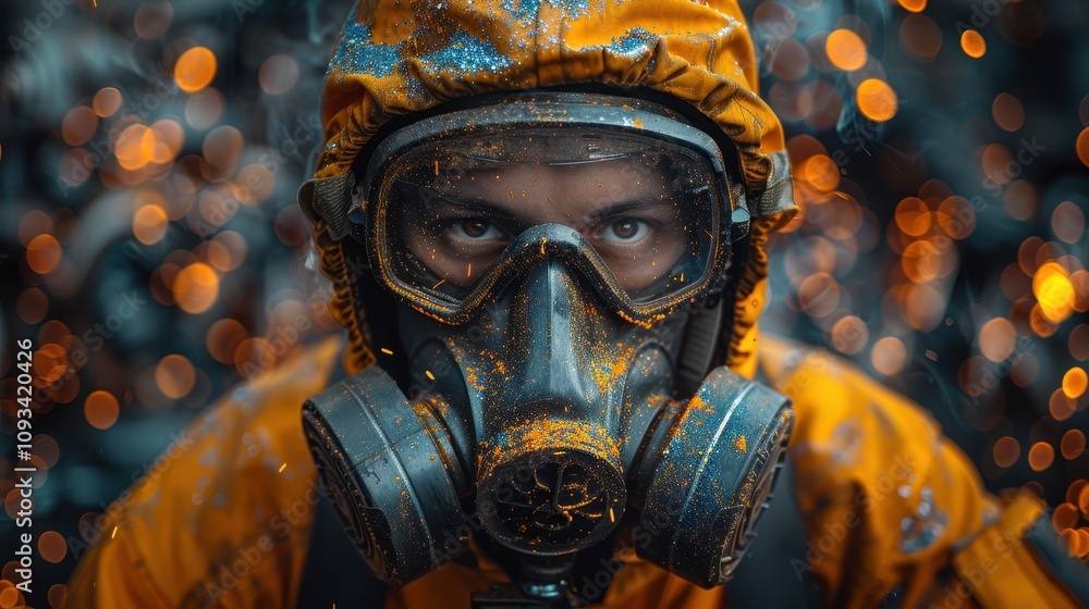 Mystery figures in hazmat suits explore an abandoned factory filled with shimmering dust particles in the dim light. Generative AI Mystery figures in hazmat suits explore an abandoned factory filled with shimmering dust particles in the dim light. Generative AI