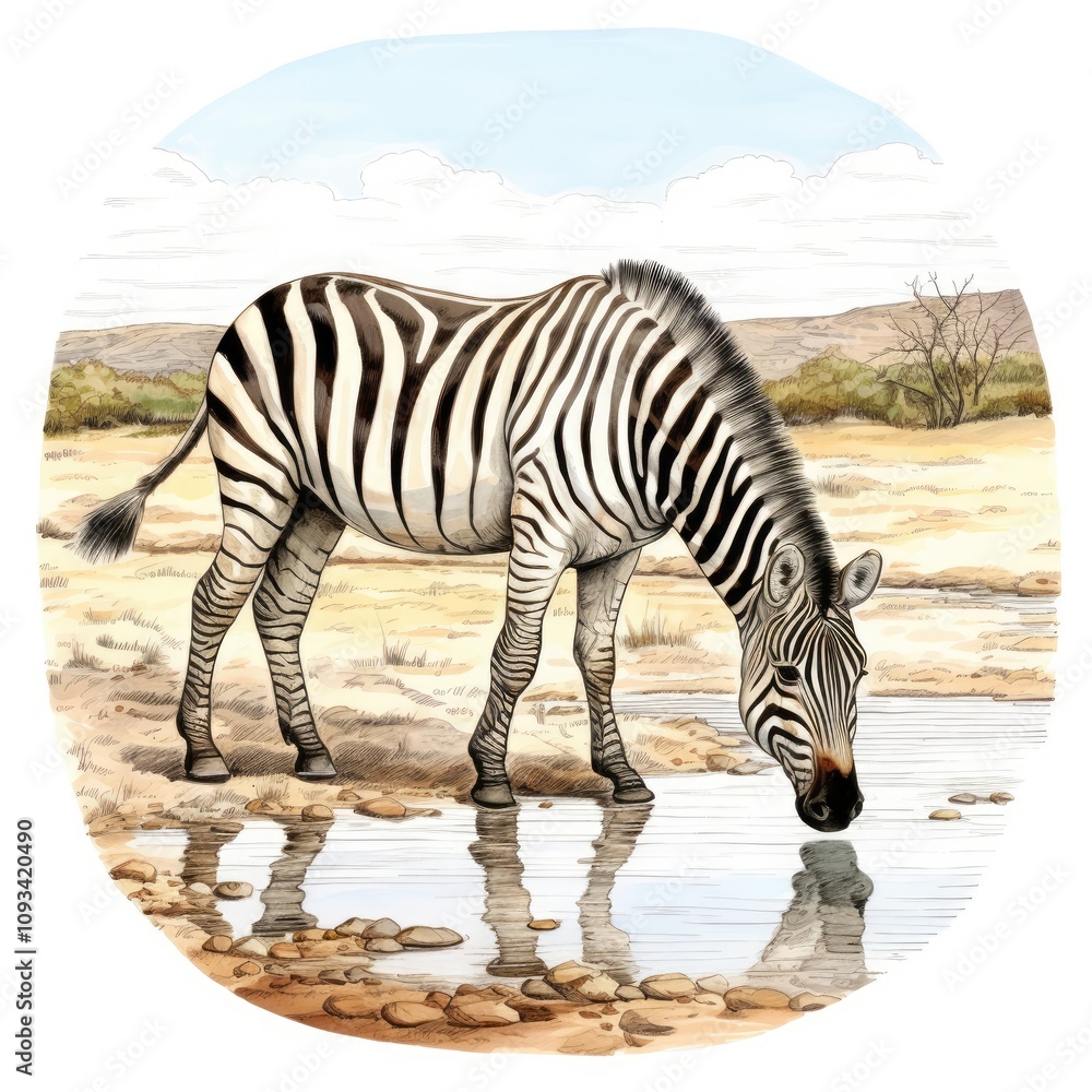 Striking black and white zebra drinking water at a serene oasis beneath a clear blue sky, showcasing natural beauty in a tranquil savannah landscape. Striking black and white zebra drinking water at a serene oasis beneath a clear blue sky, showcasing natural beauty in a tranquil savannah landscape.