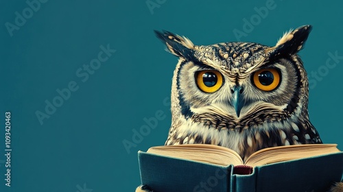 Wallpaper Mural Wise owl reading a book with intense focus on a blue background, symbolizing knowledge and education, featuring ample space for text or captions. Torontodigital.ca