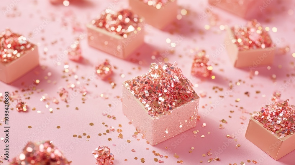Gift boxes adorned with sparkling sequins surrounded by confetti on a soft pink tabletop, perfect for birthdays, weddings, or festive celebrations. Gift boxes adorned with sparkling sequins surrounded by confetti on a soft pink tabletop, perfect for birthdays, weddings, or festive celebrations.