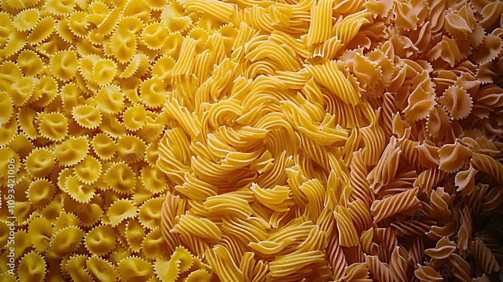 Artistic arrangement of colorful dry pasta shapes, creating a vibrant and textured culinary backdrop for blogs or advertising Artistic arrangement of colorful dry pasta shapes, creating a vibrant and textured culinary backdrop for blogs or advertising