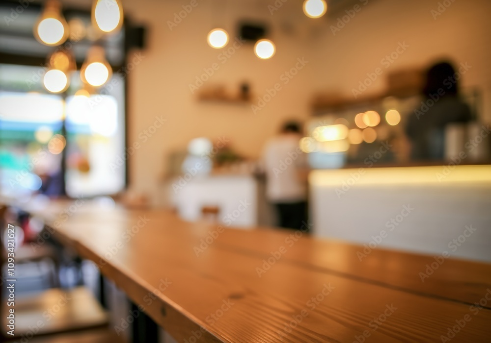 Blurred Cozy Cafe Interior with Wooden Table Blurred Cozy Cafe Interior with Wooden Table