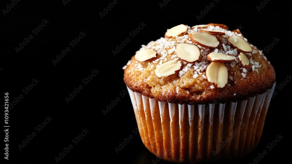 Coconut cinnamon muffin sprinkled with almond flakes on a black background, highlighting a delicious healthy treat with ample space for copy. Coconut cinnamon muffin sprinkled with almond flakes on a black background, highlighting a delicious healthy treat with ample space for copy.