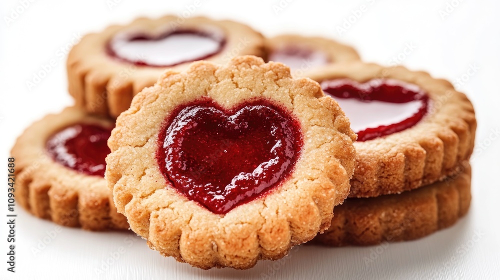 Close-up of traditional heart-shaped Linzer cookies filled with vibrant red jam, stacked together on a clean white background, perfect for festive occasions. Close-up of traditional heart-shaped Linzer cookies filled with vibrant red jam, stacked together on a clean white background, perfect for festive occasions.