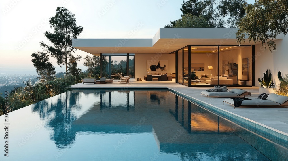 Fototapeta premium Modern villa with a pool overlooking a scenic landscape at sunset.