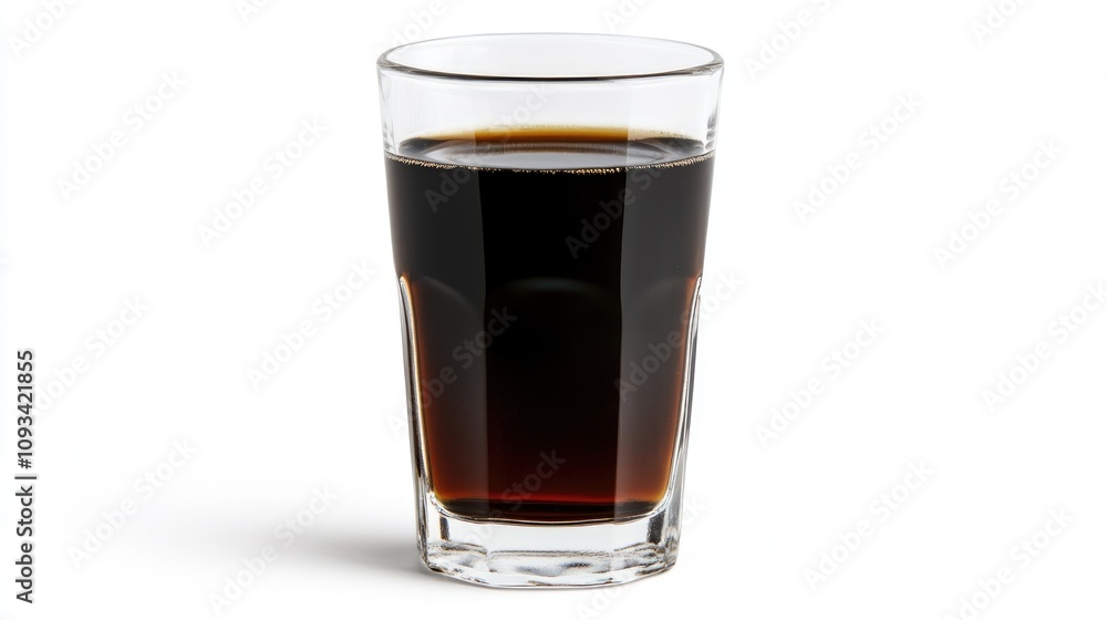 Freshly brewed black coffee in a clear glass, showcasing its rich dark liquid against a minimalist white backdrop, emphasizing simplicity and elegance. Freshly brewed black coffee in a clear glass, showcasing its rich dark liquid against a minimalist white backdrop, emphasizing simplicity and elegance.