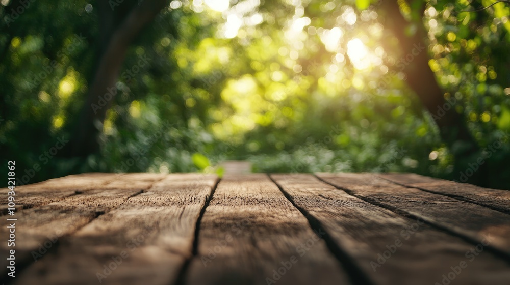 Wooden tabletop with a soft-focus bokeh background of a vibrant green garden, perfect for displaying products and food items. Wooden tabletop with a soft-focus bokeh background of a vibrant green garden, perfect for displaying products and food items.