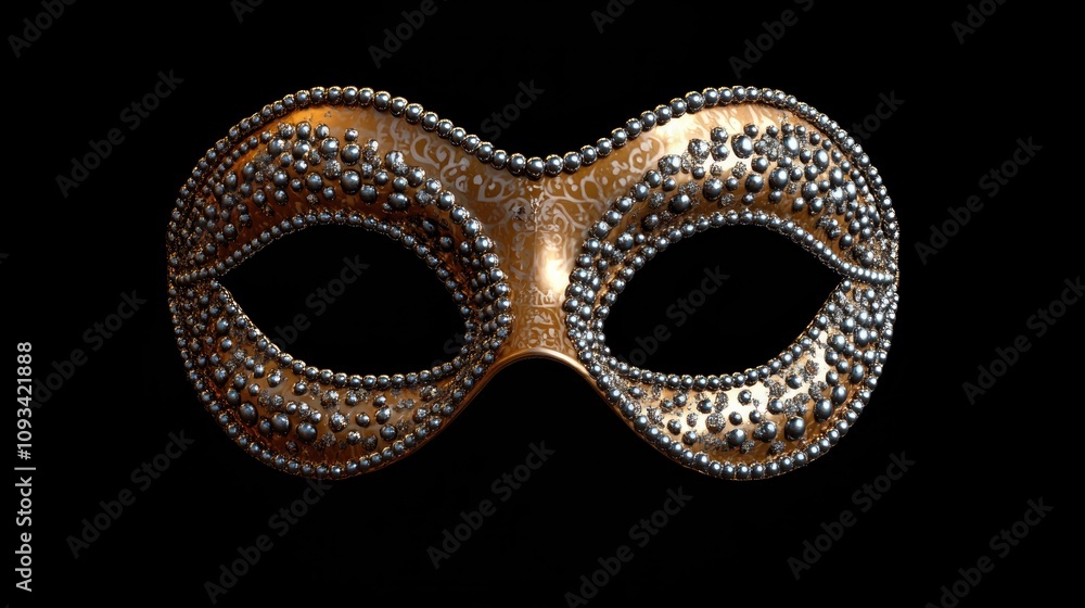 Elegant golden carnival mask embellished with shimmering silver beads on a sleek black background perfect for Mardi Gras celebrations and customizable text space. Elegant golden carnival mask embellished with shimmering silver beads on a sleek black background perfect for Mardi Gras celebrations and customizable text space.