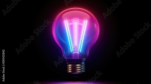 Glowing neon light bulb design showcasing vibrant pink, purple, and blue colors against a dark background, emphasizing a modern, artistic aesthetic.