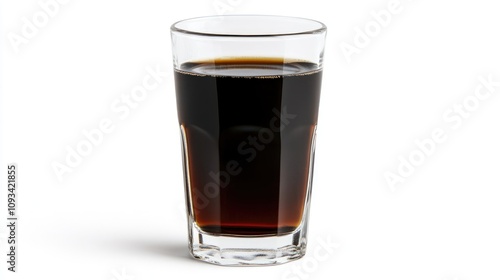 Freshly brewed black coffee in a clear glass, showcasing its rich dark liquid against a minimalist white backdrop, emphasizing simplicity and elegance.