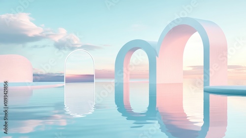 Wallpaper Mural Futuristic northern landscape with serene waters reflecting geometric mirror arches under a pastel blue and pink gradient sky in a minimalist design. Torontodigital.ca