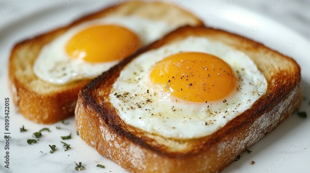Fried eggs atop golden toasted bread showcasing a delicious breakfast presentation with a sprinkle of pepper against a clean marble background. Fried eggs atop golden toasted bread showcasing a delicious breakfast presentation with a sprinkle of pepper against a clean marble background.