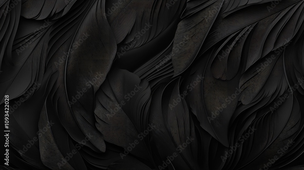 Obraz premium Elegant textured wallpaper showcasing a seamless design of dark, intricate feathers with rich layers and subtle variations in black hues.