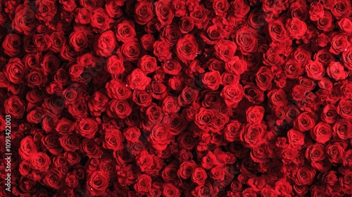 Vibrant close-up of an abundant arrangement of red roses, enhanced by glistening water droplets, perfect for romantic themes and decorative banners. photo