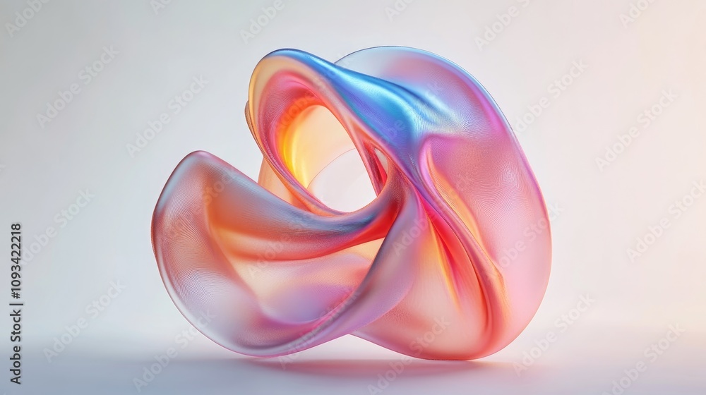 Colorful fluid abstract sculpture with holographic gradient, featuring smooth, flowing curves and vibrant pastel shades against a light background. Colorful fluid abstract sculpture with holographic gradient, featuring smooth, flowing curves and vibrant pastel shades against a light background.