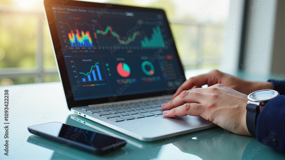 Person using a laptop with financial analytics dashboard in bright sunlight Person using a laptop with financial analytics dashboard in bright sunlight