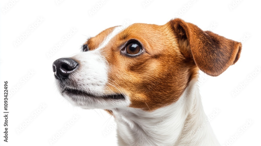 Jack Russell Terrier in profile showcasing a distinct brown and white coat against a clean white background. Adorable expression and attentive gaze.