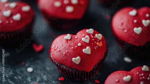 Heart-shaped red cupcakes adorned with tiny love motifs on a dark contrasting background, capturing a romantic and festive atmosphere. photo