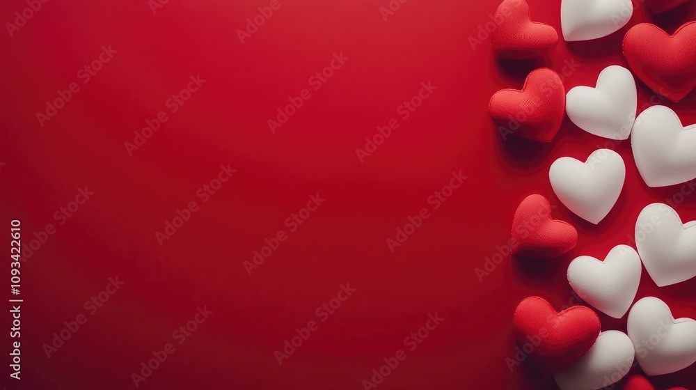 Valentine's Day themed arrangement of red, white, and pink hearts on a vibrant red background with ample empty space for personalized text. Valentine's Day themed arrangement of red, white, and pink hearts on a vibrant red background with ample empty space for personalized text.
