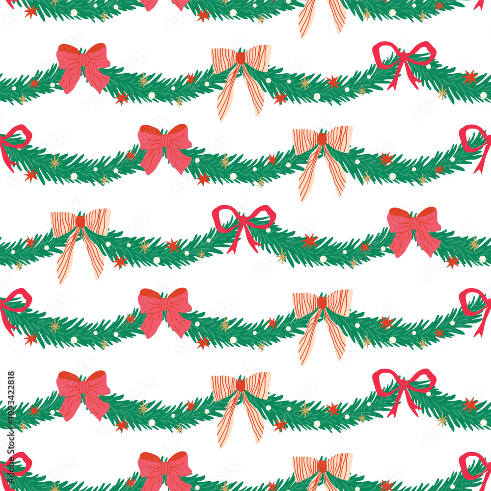 Christmas garland and bows seamless pattern. Vector festive repeat background with decorative fir tree branches, bow knots, ribbons for celebrating New year. Cute winter holiday gift paper, wallpaper