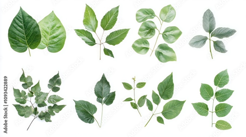 Variety of Isolated Green Leaves Displayed on a Clean White Background Showcasing Different Shapes and Textures. Variety of Isolated Green Leaves Displayed on a Clean White Background Showcasing Different Shapes and Textures.