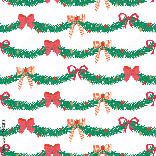 Christmas garland and bows seamless pattern. Vector festive repeat background with decorative fir tree branches, bow knots, ribbons for celebrating New year. Cute winter holiday gift paper, wallpaper