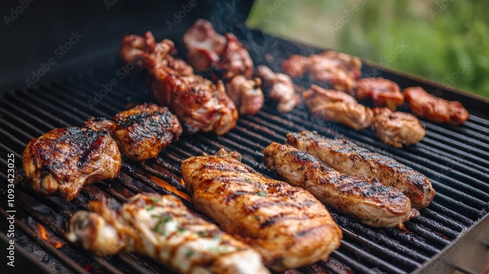 Assorted grilled turkey and chicken pieces sizzling on a barbecue grill with smoky backdrop and vibrant outdoor ambiance. Assorted grilled turkey and chicken pieces sizzling on a barbecue grill with smoky backdrop and vibrant outdoor ambiance.