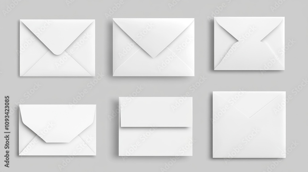 Assorted blank white envelopes and papers in various shapes, showcasing clean designs with subtle shadows against a gray background. Assorted blank white envelopes and papers in various shapes, showcasing clean designs with subtle shadows against a gray background.