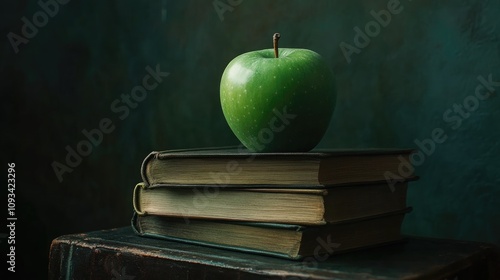 Green apple positioned on a stack of vintage books with a textured dark background, highlighting a contrast between the vibrant fruit and aged pages.