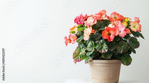 Vibrant Potted Begonia Tamaya with Pink and Orange Flowers Displayed Against a Clean White Background