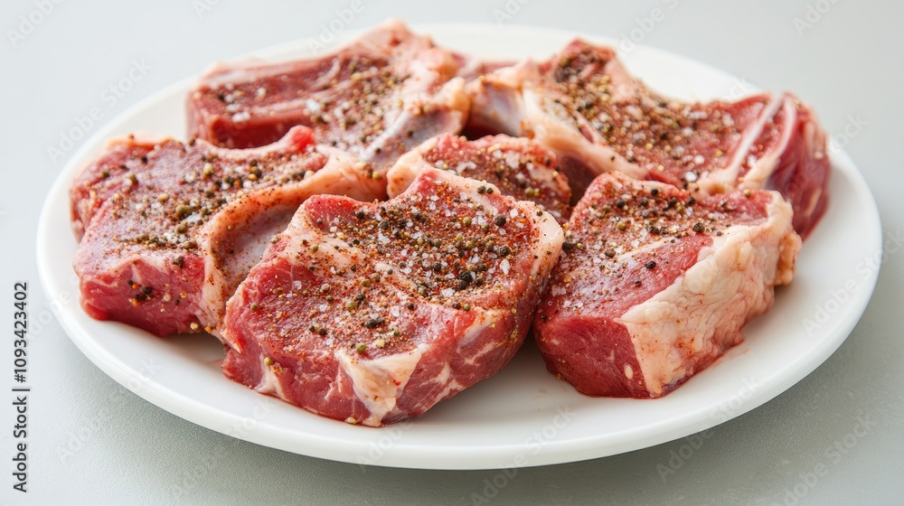 Freshly seasoned steak pieces arranged neatly on a white plate, showcasing a blend of spices, set against a minimalist gray background. Freshly seasoned steak pieces arranged neatly on a white plate, showcasing a blend of spices, set against a minimalist gray background.