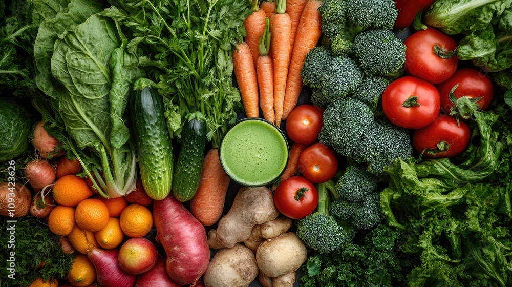 Vibrant green vegetable smoothie surrounded by an array of fresh vegetables including spinach, cucumbers, carrots, and tomatoes on a rustic backdrop. Vibrant green vegetable smoothie surrounded by an array of fresh vegetables including spinach, cucumbers, carrots, and tomatoes on a rustic backdrop.