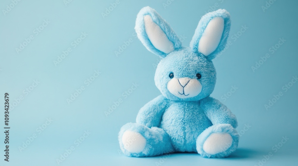 Fluffy Blue Plush Bunny Sitting on Soft Sky Blue Background with Large Ears and White Accents, Perfect for Kids and Collectors Fluffy Blue Plush Bunny Sitting on Soft Sky Blue Background with Large Ears and White Accents, Perfect for Kids and Collectors