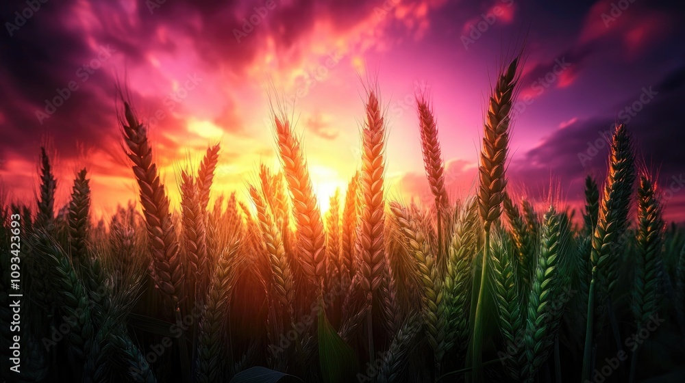 Lush green wheat field bathed in warm summer sunset hues with dramatic clouds, showcasing unripe crops in soft focus against a vibrant sky. Lush green wheat field bathed in warm summer sunset hues with dramatic clouds, showcasing unripe crops in soft focus against a vibrant sky.