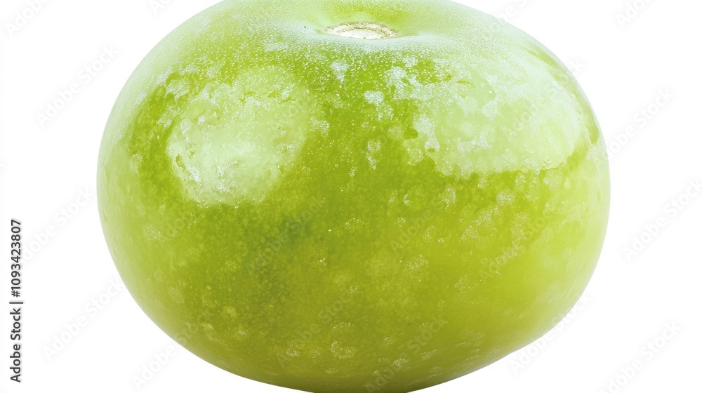 Isolated close-up of a fresh green tomato with glossy skin, showcasing its round shape and vibrant color against a plain white background. Isolated close-up of a fresh green tomato with glossy skin, showcasing its round shape and vibrant color against a plain white background.